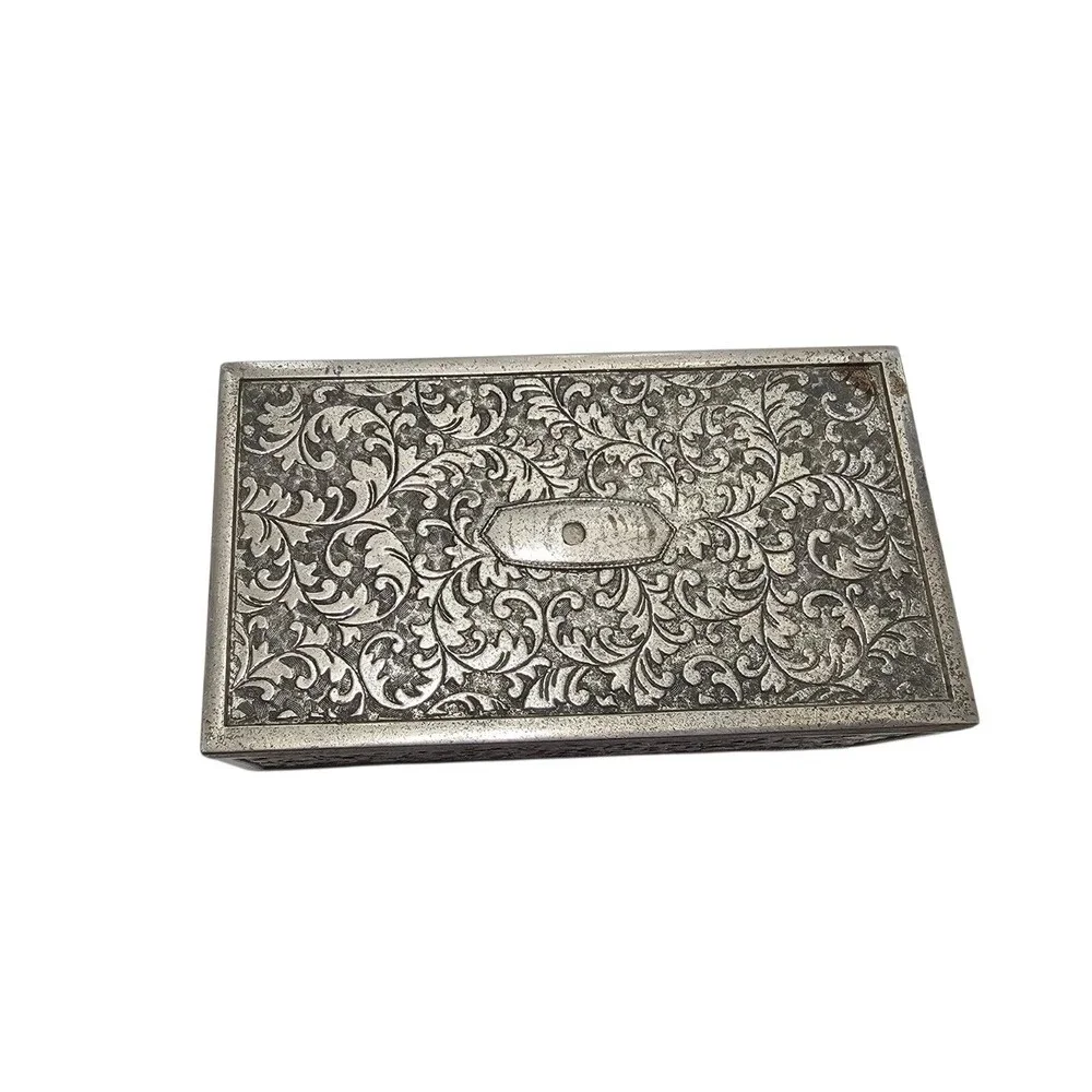Vintage Ornate Silver Metal Decorative Music Box with Intricate Floral Engraving